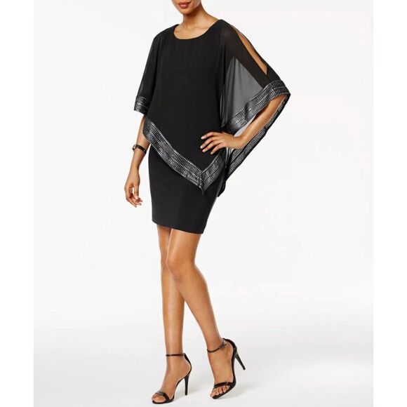 SLNY Women Navy With Sliver Metallic Trim Capelet Sheath Dress Size 8 - Picture 1 of 12